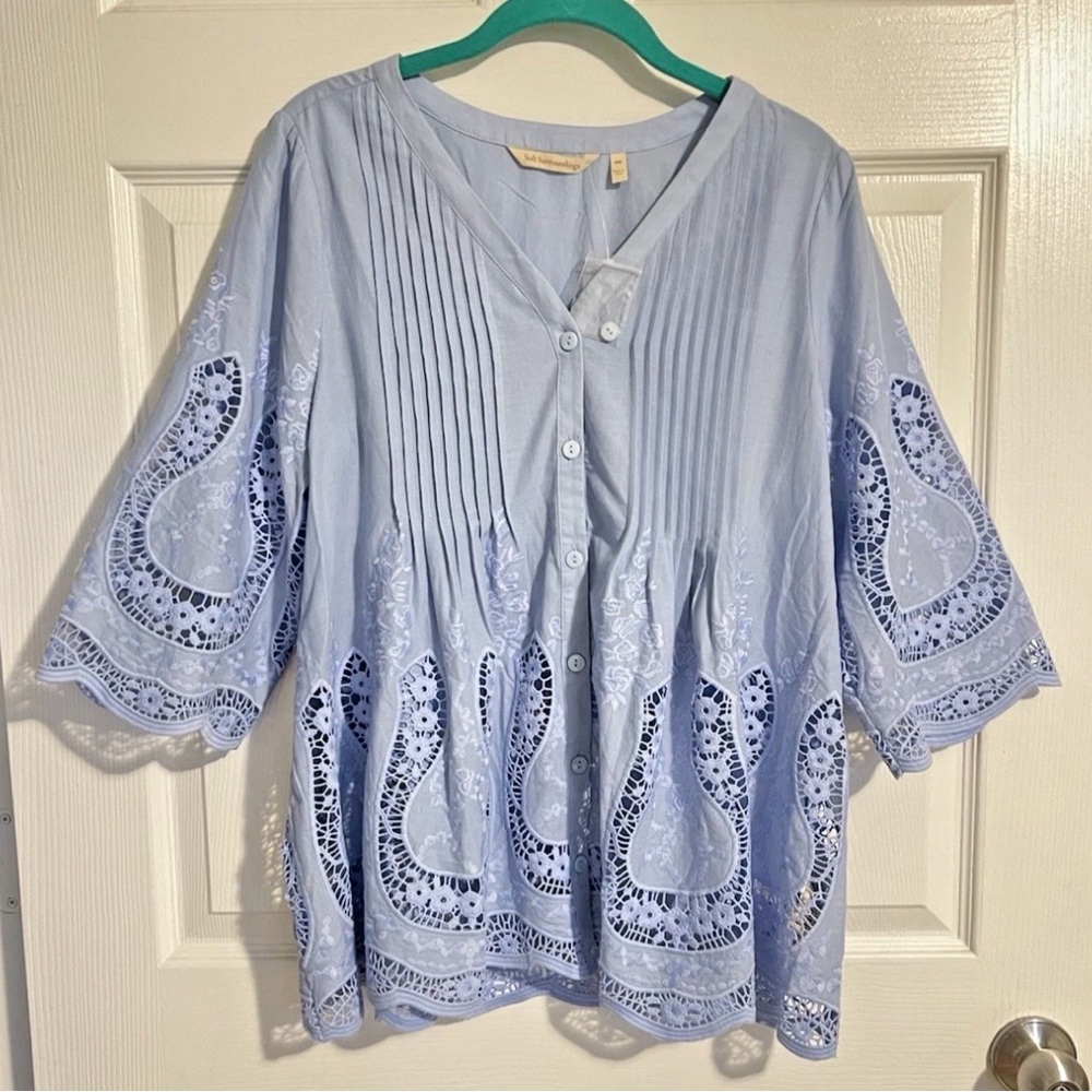 Soft Surroundings NWOT Light Blue Embroidered Top PM
